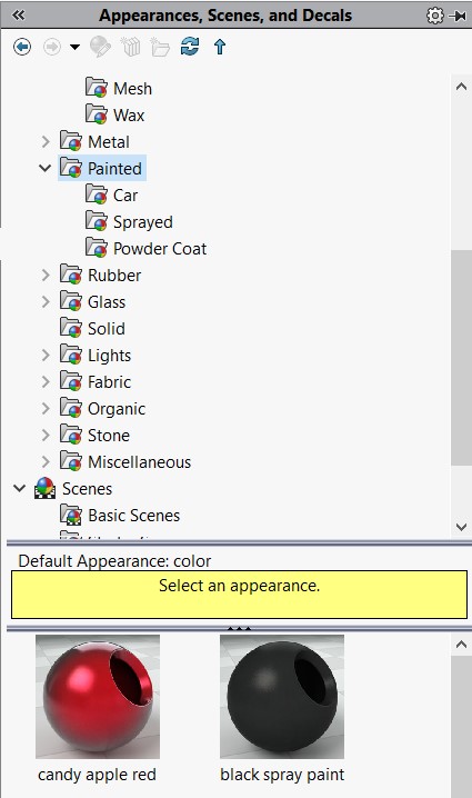 ورود به بخش Appearance و تعیین رنگ و جنس قطعه‌ی پس‌زمینه‌ی متن، در نرم‌افزار Solidworks